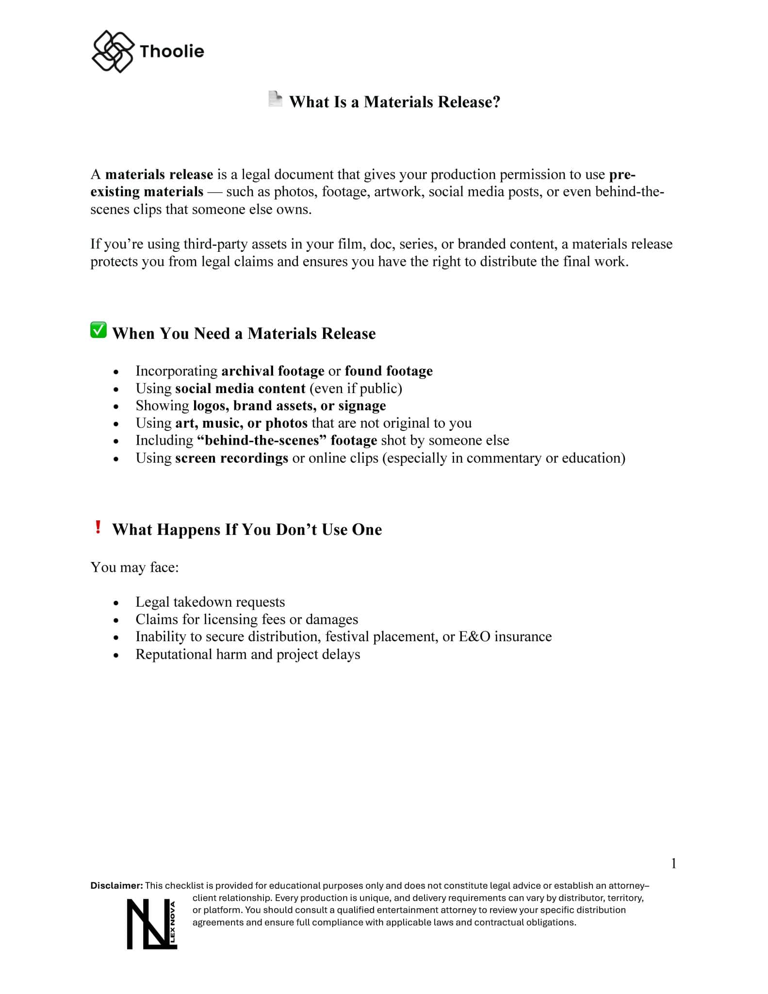 materials release for indie filmmakers