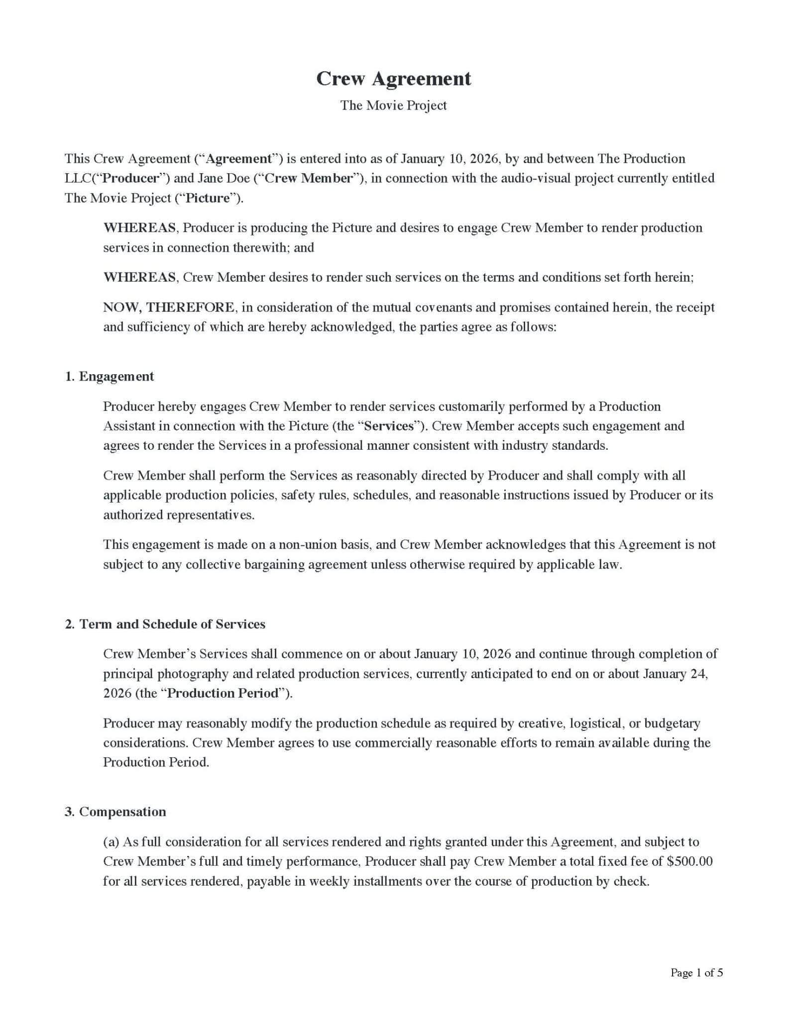 Indie Standard Crew Agreement for Student, Micro Budget filmmakers