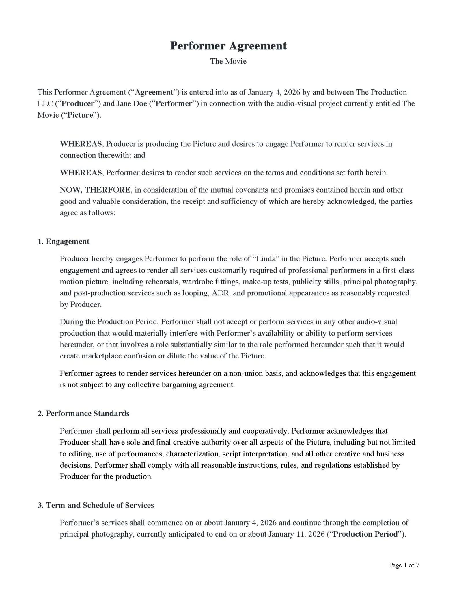 Draft Performer Agreement