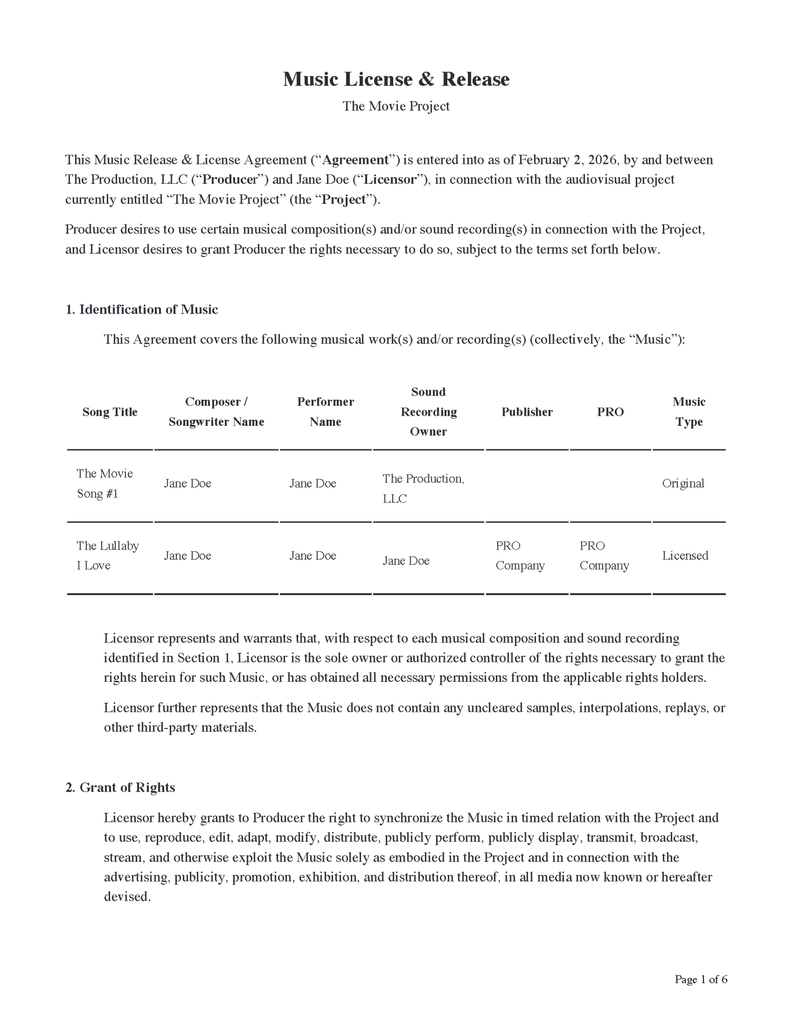 Music License & Release for Indie Film