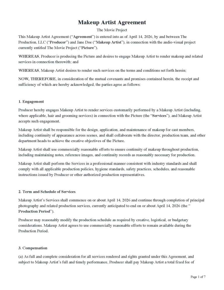 Makeup Artist Agreement for Indie Film Productions